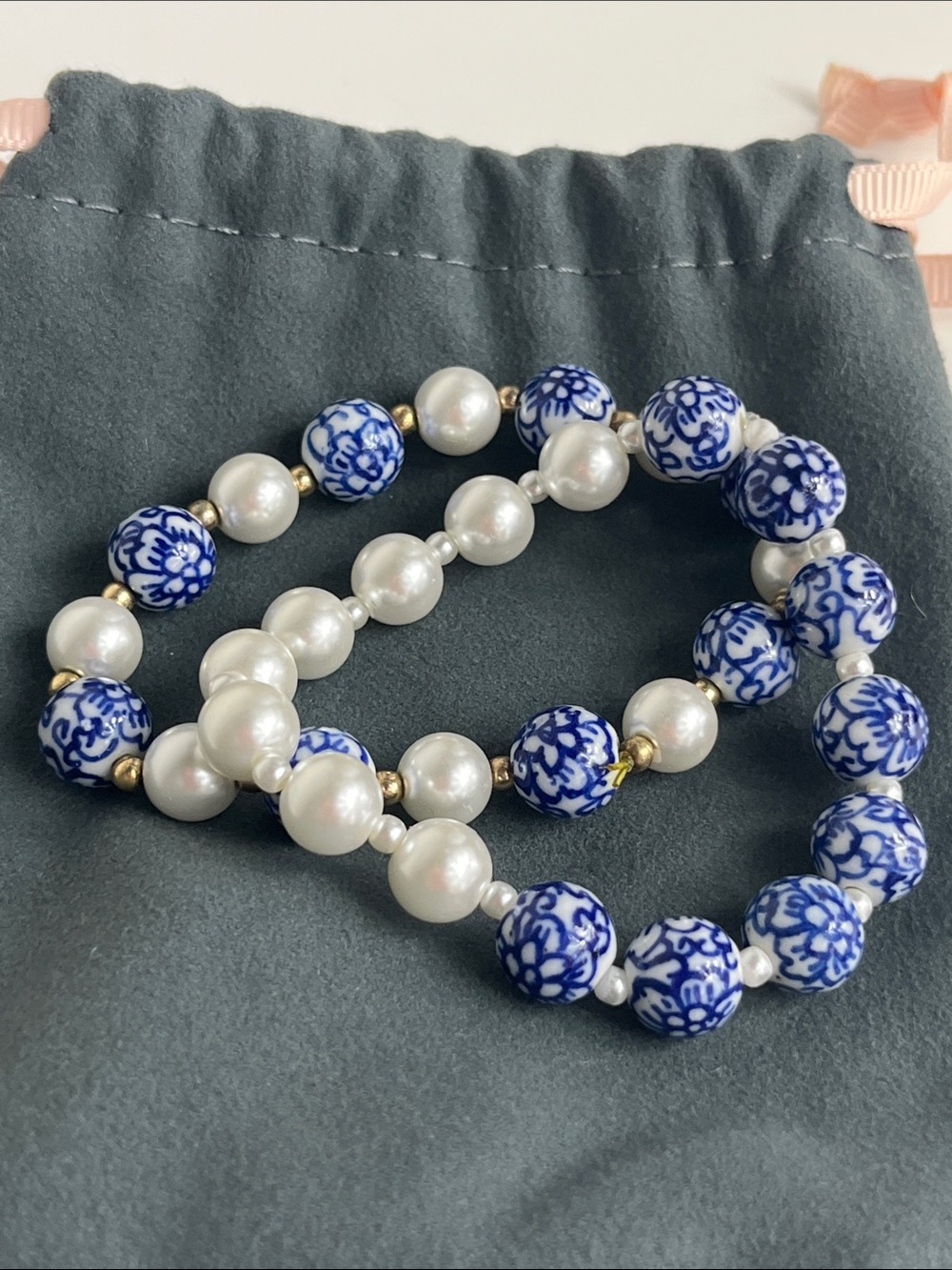 Set of 2 Blue & White Porcelain Bead and Pearl Bracelets - Women Jewelry